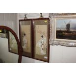 A pair of framed Japanese watercolours, bearing cha