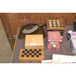 A quantity of trinket boxes; a crumb tray and brush and a travelling chess game