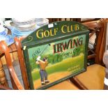 A painted golf club sign for "Irwing"