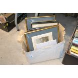 A box of various pictures and prints, coloured eng