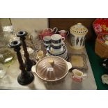 A collection of decorative glass and china to include storage jar, Mid Winter teaware, cutlery, pair