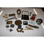 A tray box containing marble mantel clock, brass p