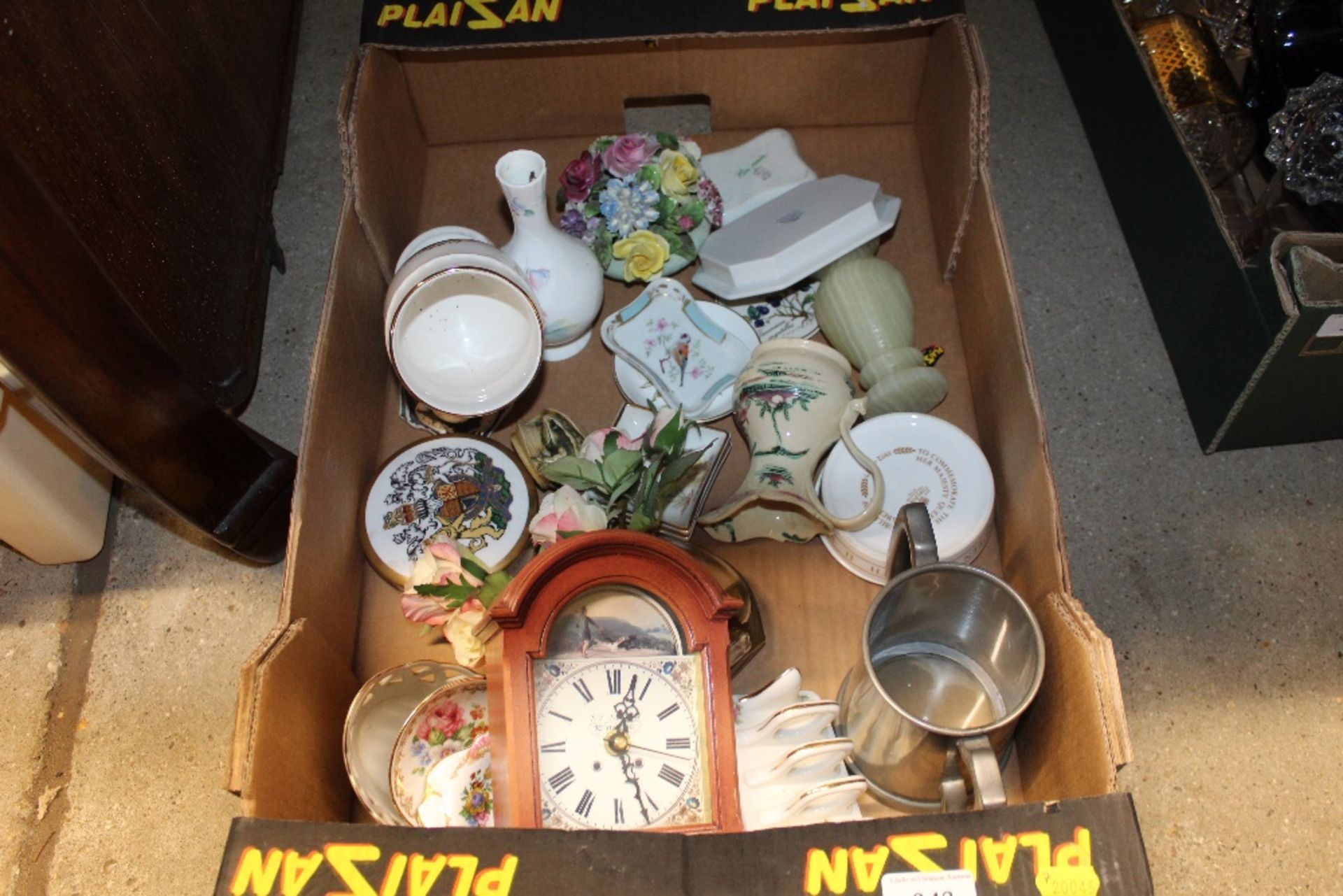 A box of various sundry china to include a mantel