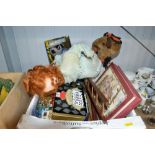 A box of various dolls, Teddy bears, fridge magnet