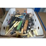 A box of cutlery and kitchen utensils