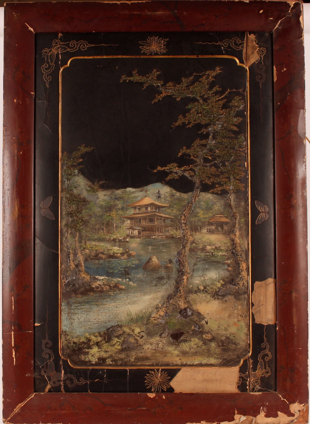 A pair of 19th Century Japanese lacquered panels decorated rural scenes, bears signature AF, 107cm x - Image 2 of 4