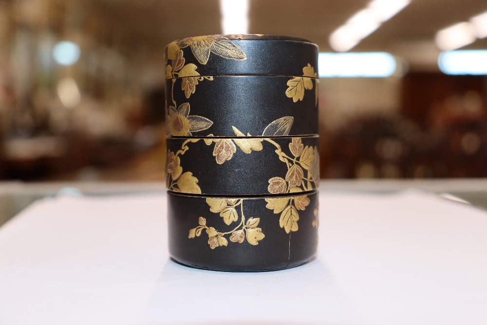 A fine 19th Century Japanese lacquer four compartment cylindrical stacking box, 7.5cm high; and a - Image 5 of 11