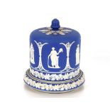 A Victorian blue and white Jasper ware stilton dish and cover, having raised classical decoration, 3