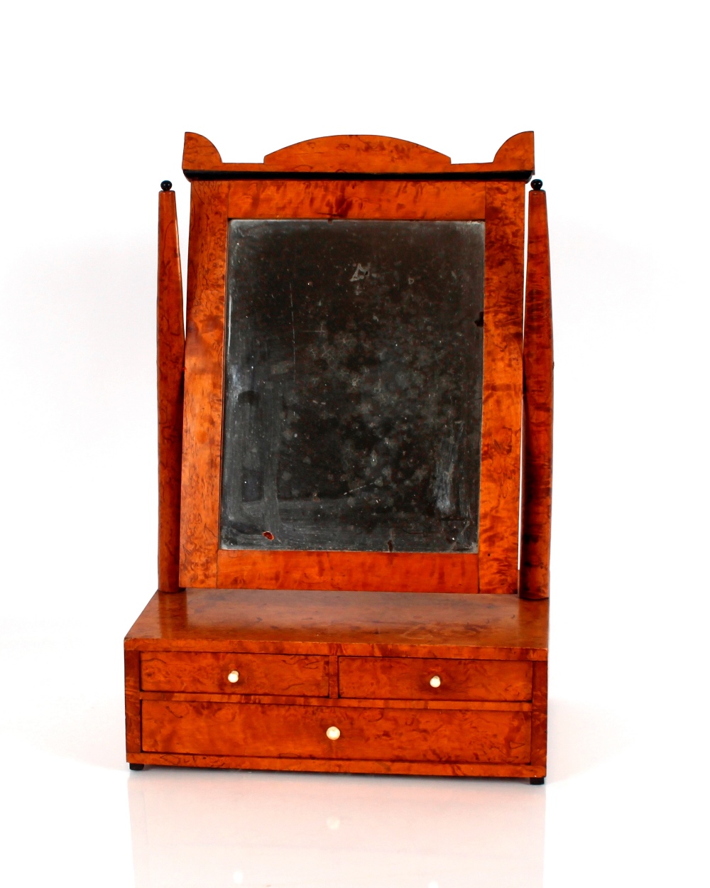 A 19th Century Biedermeier satin birch swing toilet mirror with three drawer box base, 31cm wide x