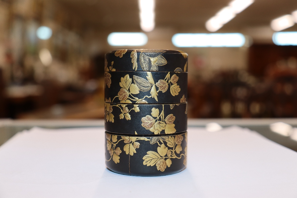 A fine 19th Century Japanese lacquer four compartment cylindrical stacking box, 7.5cm high; and a - Image 3 of 11