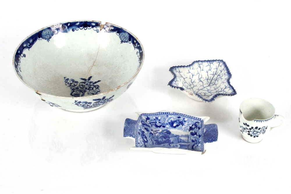 An 18th Century English porcelain blue and white bowl, AF; a similar period cup; a leaf shaped - Image 2 of 2