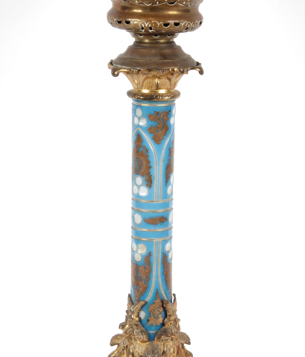 Victorian blue opaque glass and brass mounted oil lamp of large proportions with Rococo style base - Image 2 of 3