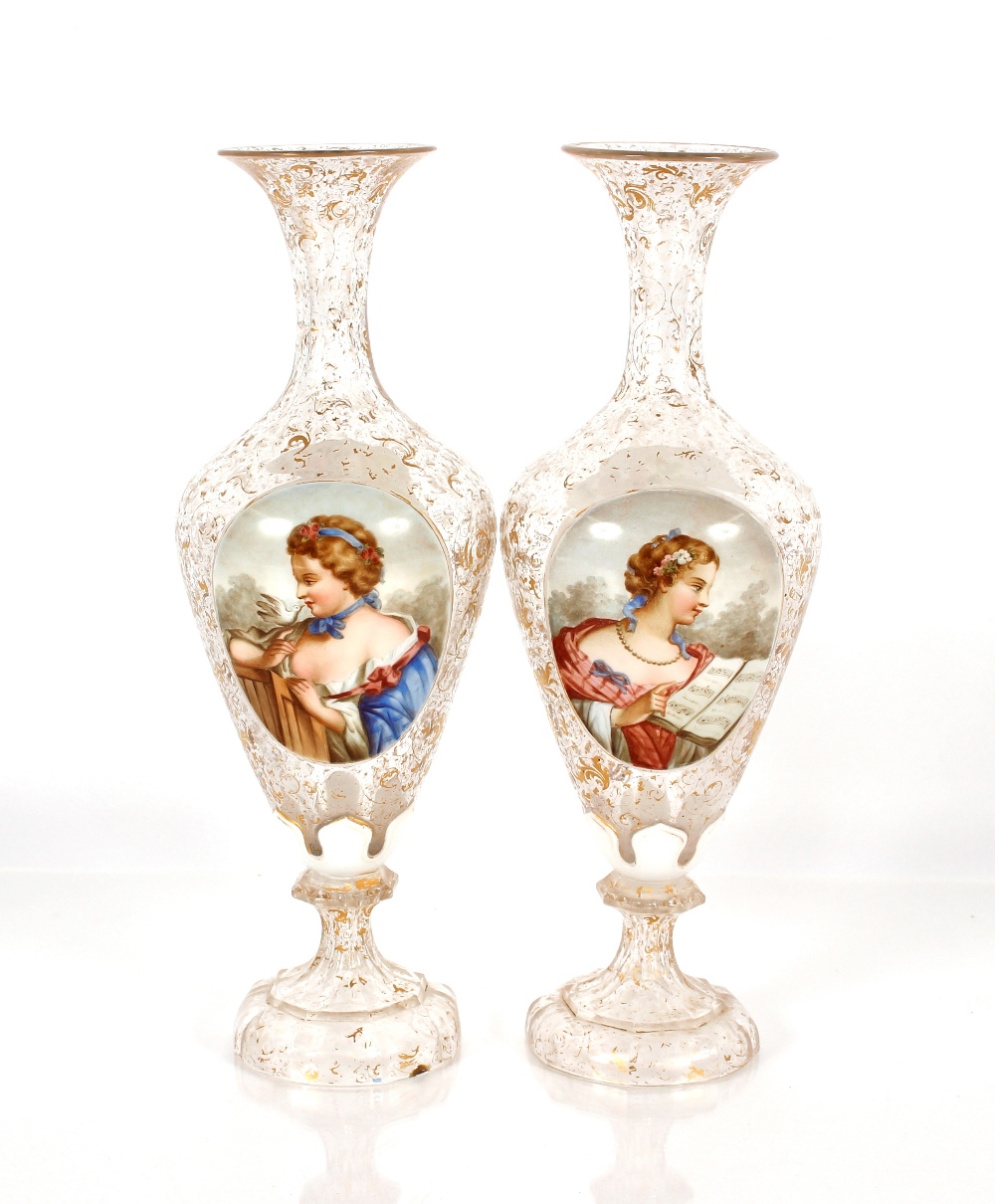 A pair of 19th Century overlaid glass baluster vases, panels decorated with maidens and flowers - Image 2 of 16
