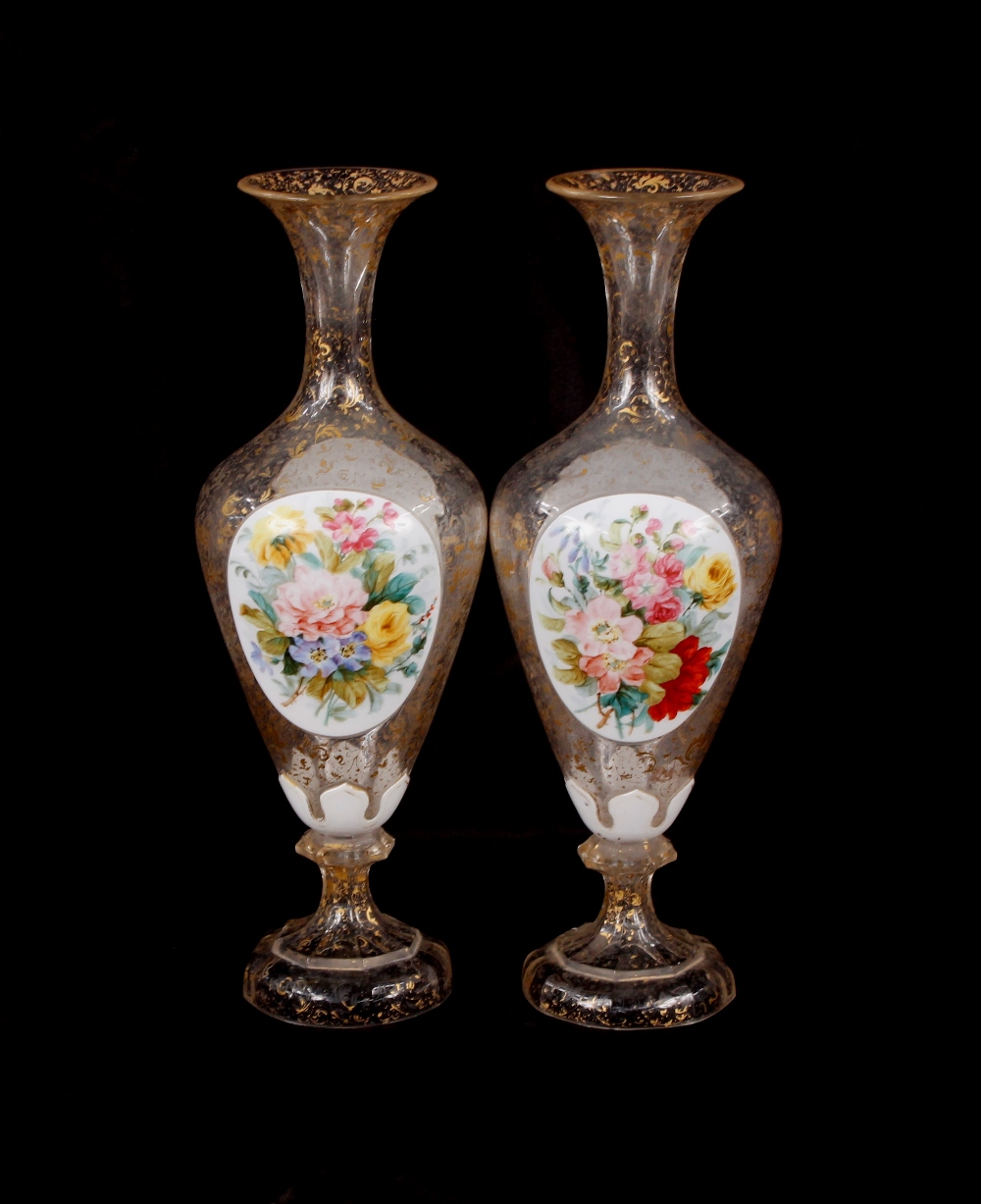 A pair of 19th Century overlaid glass baluster vases, panels decorated with maidens and flowers - Image 4 of 16