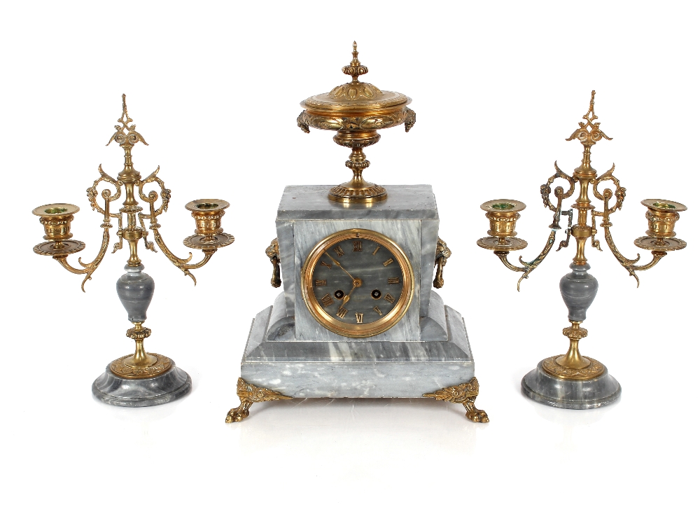 A 19th Century French grey marble clock garniture,