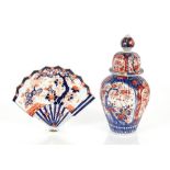 An Imari fan shaped dish, 27cm; and an Imari vase and cover, 34cm high (2)