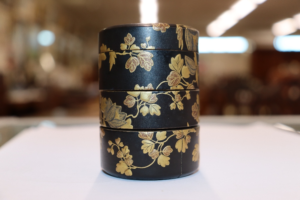 A fine 19th Century Japanese lacquer four compartment cylindrical stacking box, 7.5cm high; and a - Image 6 of 11