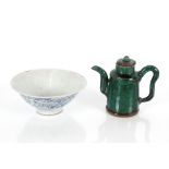 A 17th Century Chinese porcelain pedestal bowl, 16.5cm dia.; and a green glazed Chinese pottery wine