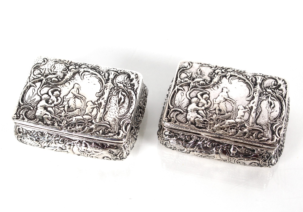 A near pair of 19th Century continental silver table snuff boxes decorated in the Rococo style, - Image 2 of 6