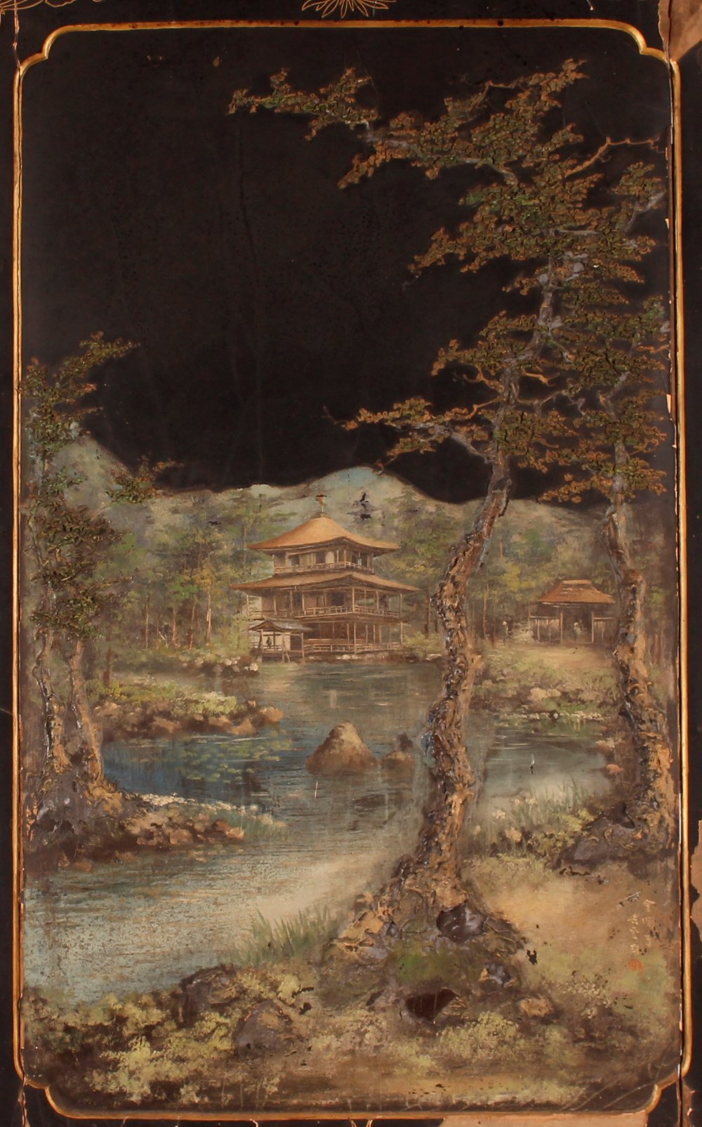 A pair of 19th Century Japanese lacquered panels decorated rural scenes, bears signature AF, 107cm x