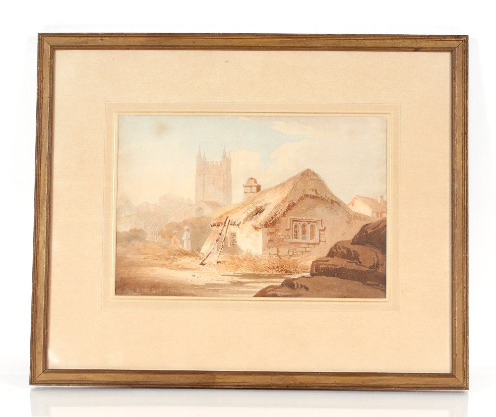 Attributed to Samuel Prout, study of a village scene with figures outside a thatched cottage, church - Image 2 of 9