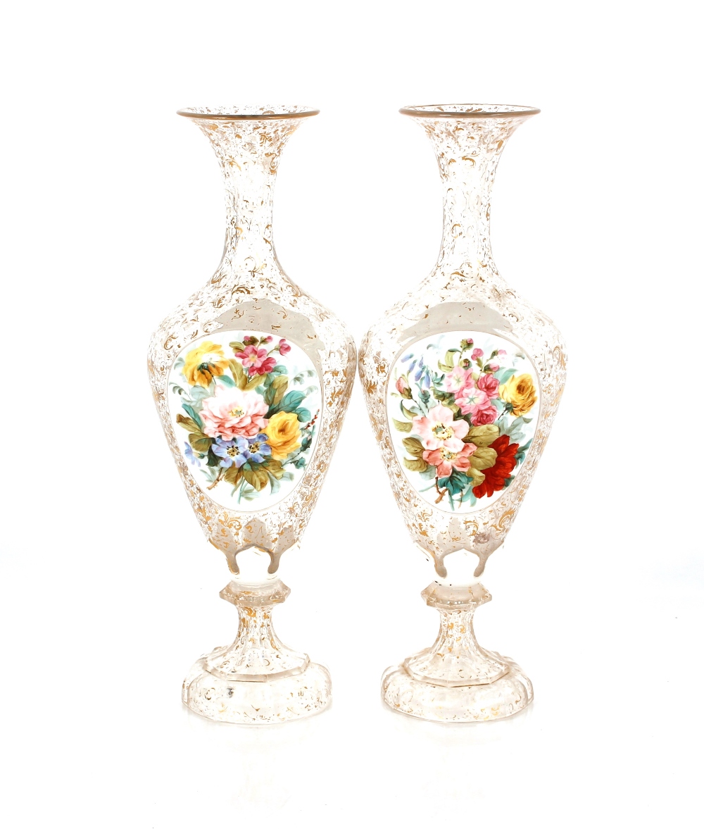 A pair of 19th Century overlaid glass baluster vases, panels decorated with maidens and flowers - Image 3 of 16