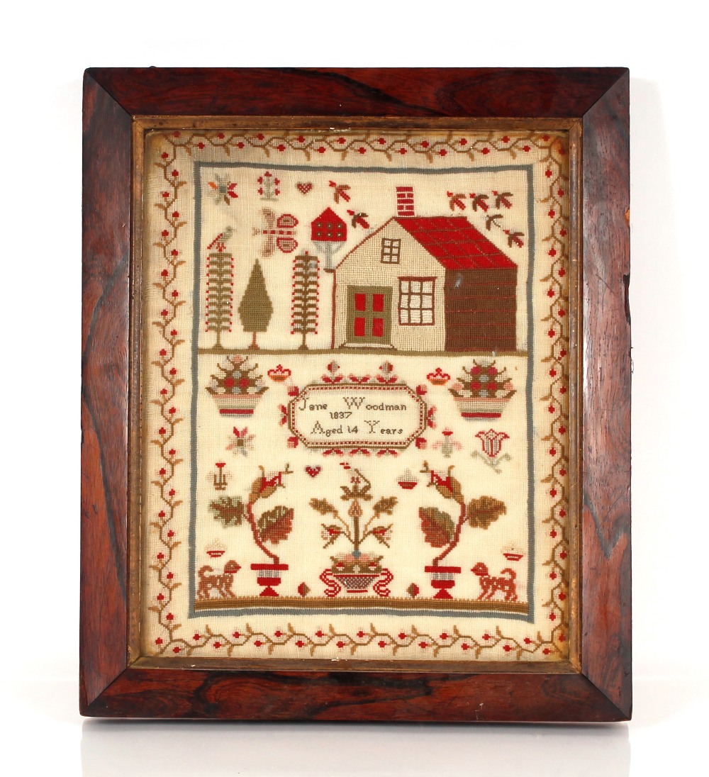 A Victorian sampler, worked by Jane Woodman Aged 14 Years, 1837, decorated with a house, trees - Image 2 of 10