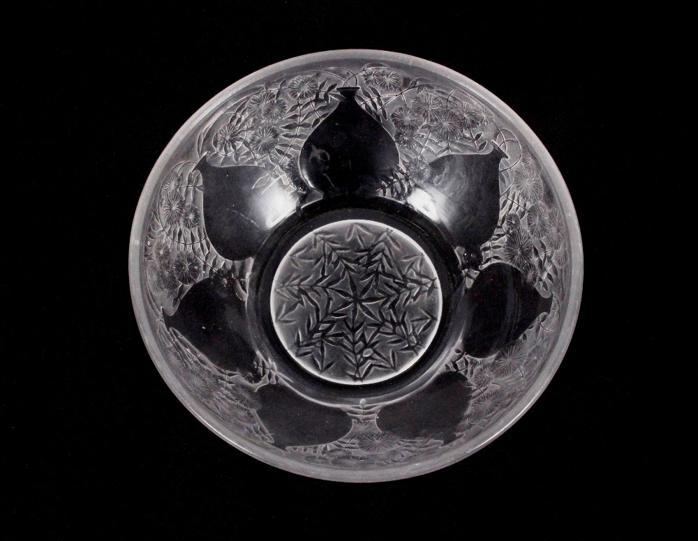A small Lalique glass bowl, with leaf decoration, stamped R. Lalique France No.3290 to the base,