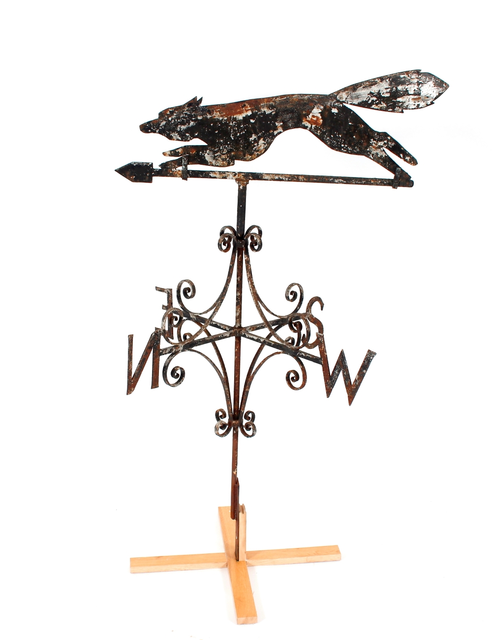 A rare late 18th Century iron fox weather vane, 82cm wide x 136cm high, including later base