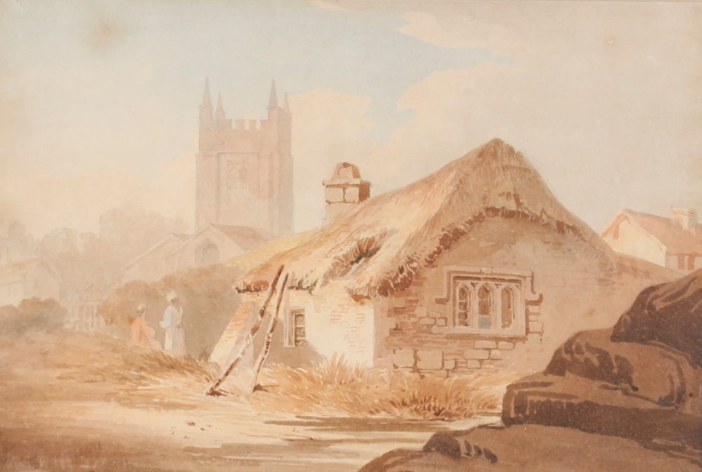 Attributed to Samuel Prout, study of a village scene with figures outside a thatched cottage, church