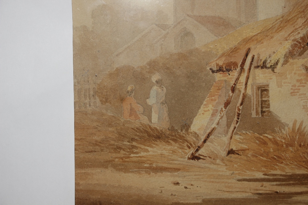 Attributed to Samuel Prout, study of a village scene with figures outside a thatched cottage, church - Image 8 of 9