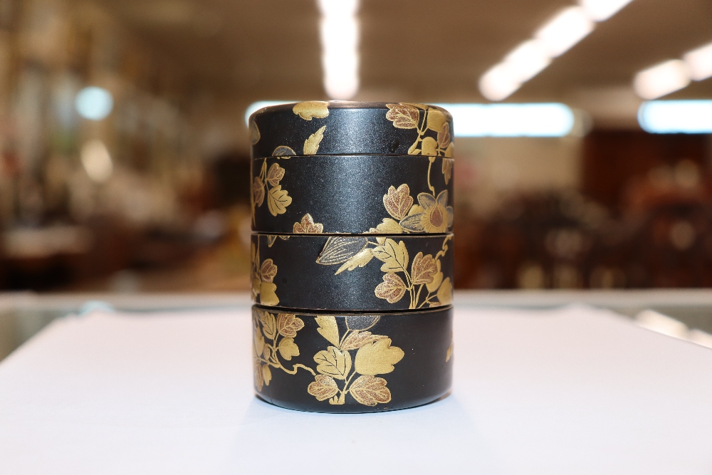 A fine 19th Century Japanese lacquer four compartment cylindrical stacking box, 7.5cm high; and a - Image 4 of 11