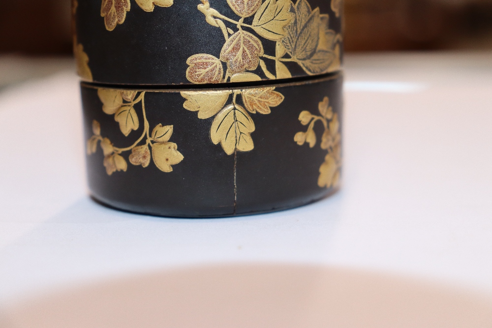 A fine 19th Century Japanese lacquer four compartment cylindrical stacking box, 7.5cm high; and a - Image 8 of 11