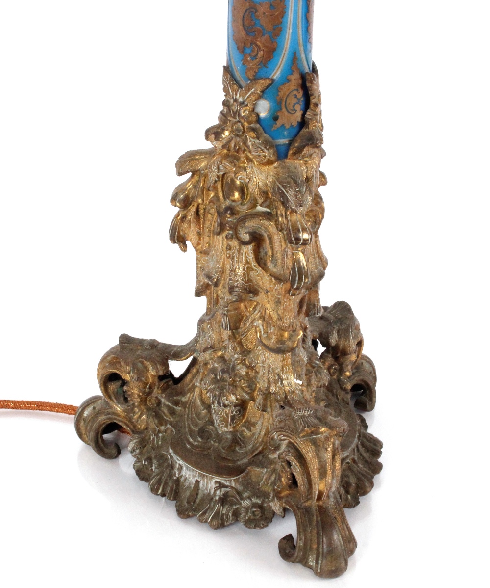 Victorian blue opaque glass and brass mounted oil lamp of large proportions with Rococo style base - Image 3 of 3