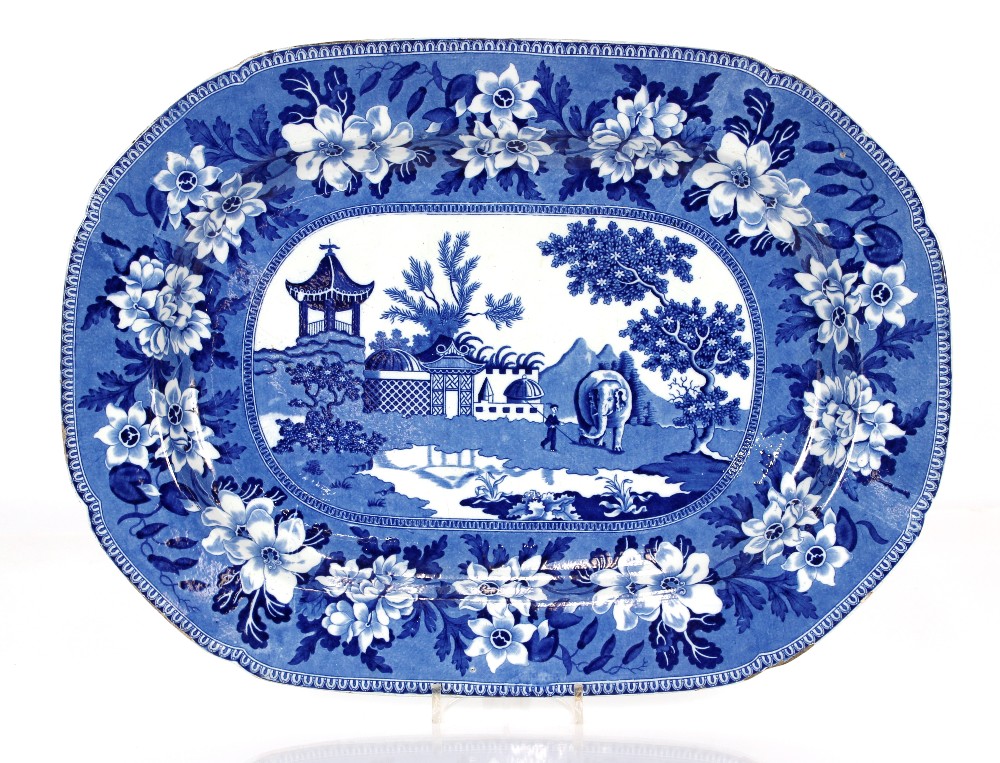 A large 19th Century Rodgers blue and white transfer decorated meat plate, having rare central panel