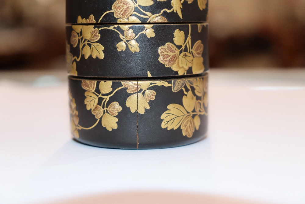 A fine 19th Century Japanese lacquer four compartment cylindrical stacking box, 7.5cm high; and a - Image 7 of 11