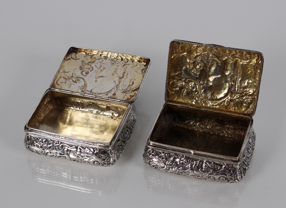 A near pair of 19th Century continental silver table snuff boxes decorated in the Rococo style, - Image 3 of 6