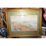 A watercolour depicting Harlech Castle and town, i