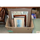 A box containing various prints; bags etc