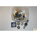 A box containing various costume jewellery and coi