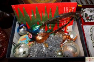 A box of vintage Christmas decorations
