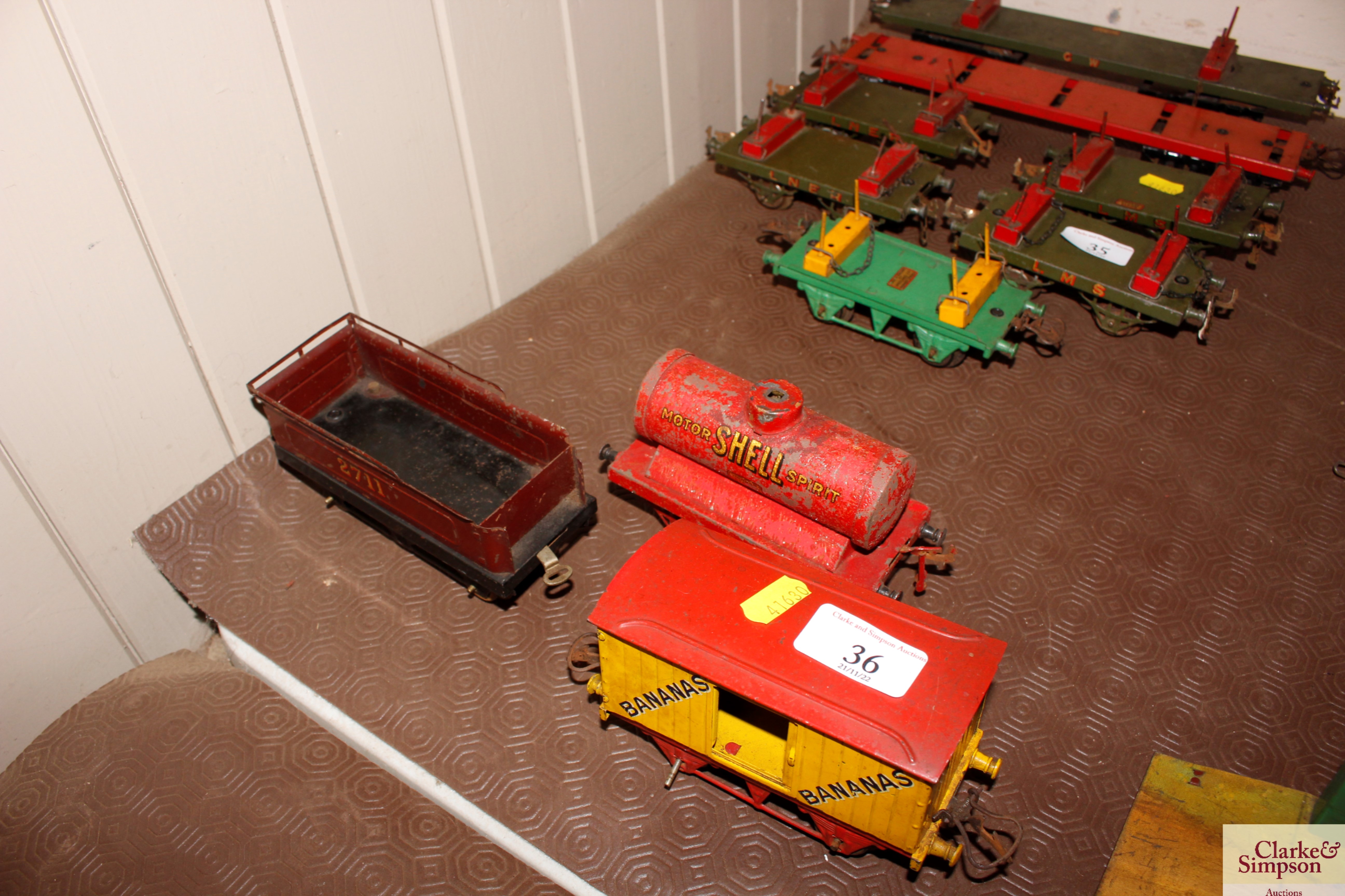 Three vintage Hornby "0" gauge trailers comprising