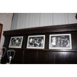 Three framed and glazed lino cuts, jugs, teapots a