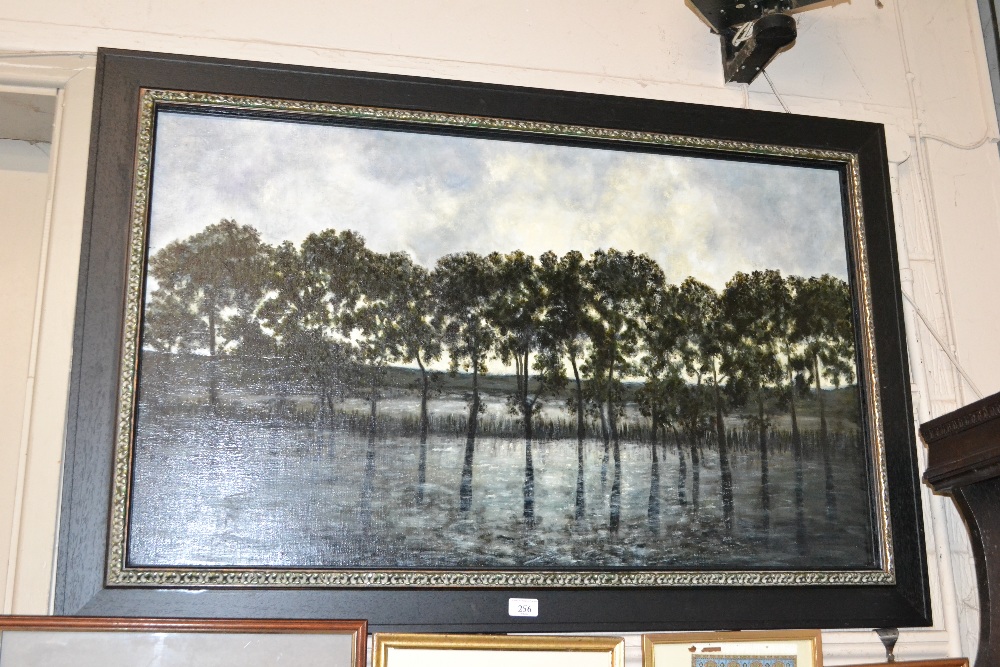 Oil on canvas study of a tree lined river scene