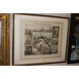 A framed and glazed coloured print, graphic illust