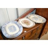 Three various Victorian blue and white meat plates