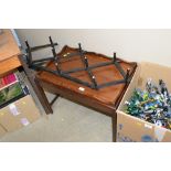 A mahogany tray top table and a hat and coat rack