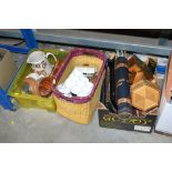 Three boxes containing wooden trinket boxes, desk