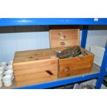 Two pine boxes and contents of sewing related item