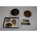 Three costume brooches, compacts etc.